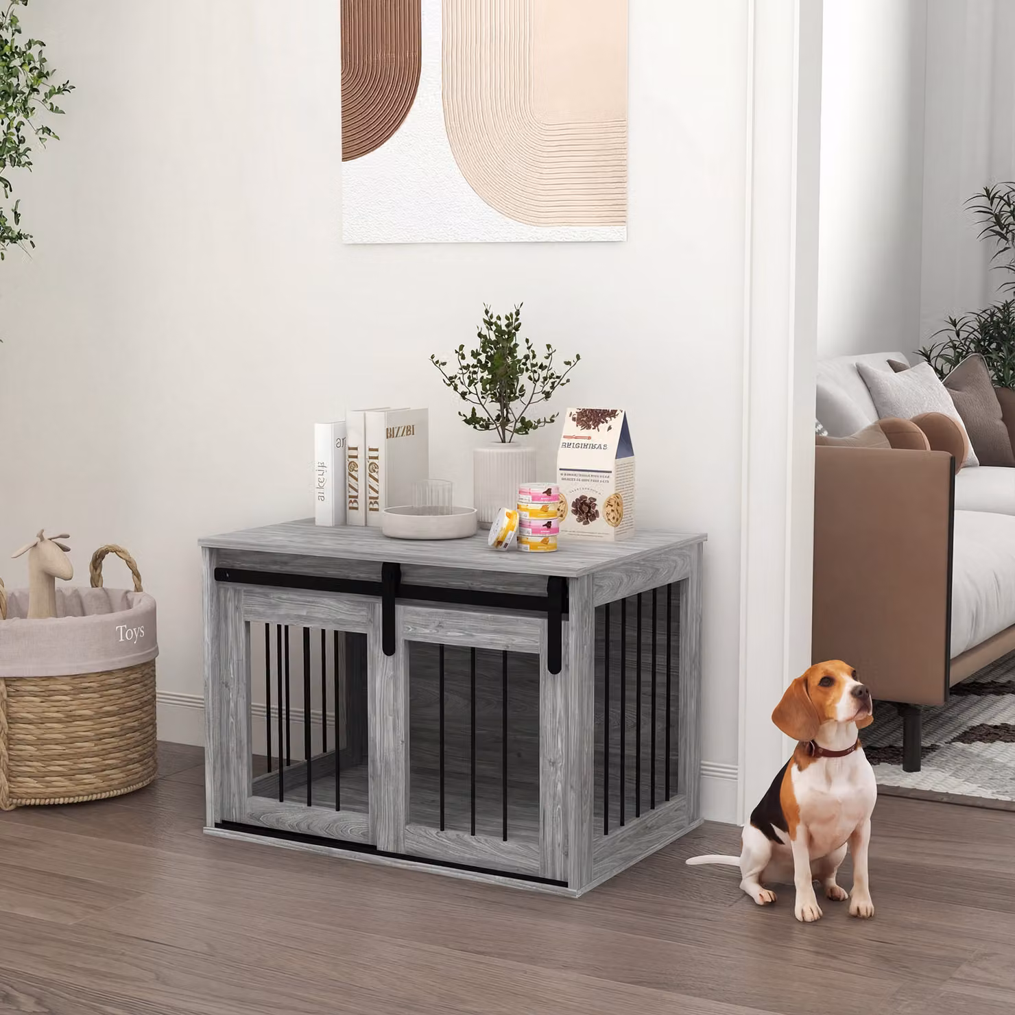 Gabbia per cani e animali da interno Aosom con porta scorrevole in metallo effetto legno, Grigio, L: 80 cm, P: 57 cm, H: 54 cm – 2