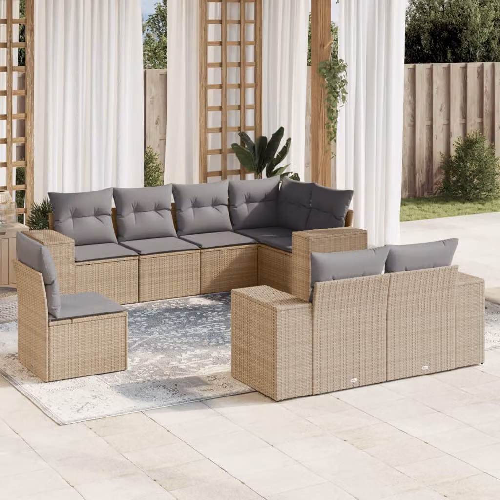 vidaXL Set Divano da Giardino a L 8 pz con Cuscini Beige e Ottoman in Polyrattan e Acciaio – 1