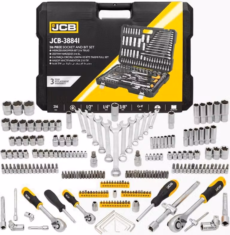 JCB | Cassetta degli attrezzi piena, 1/4", 3/8", esagono, 216 pezzi, set di attrezzi, cassetta degli attrezzi, cassetta degli attrezzi