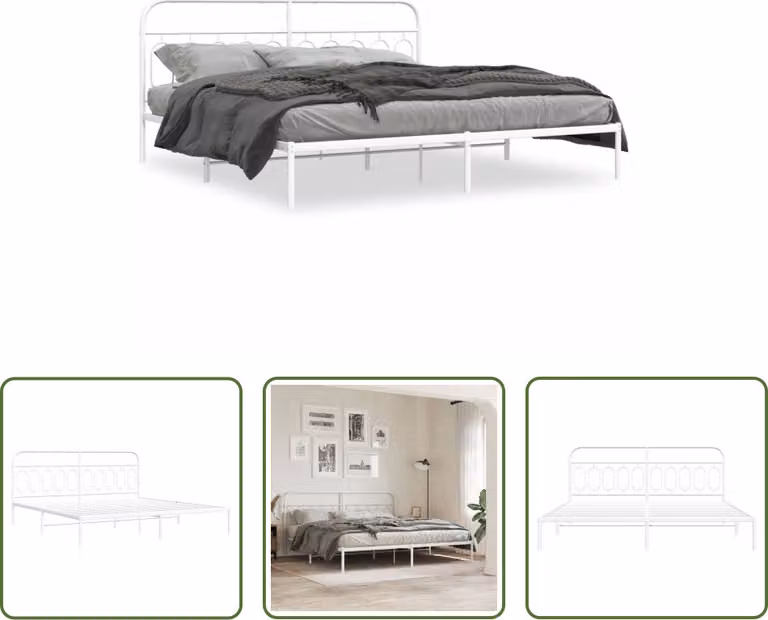 The Living Store Struttura letto con testiera in metallo bianco 200x200 cm