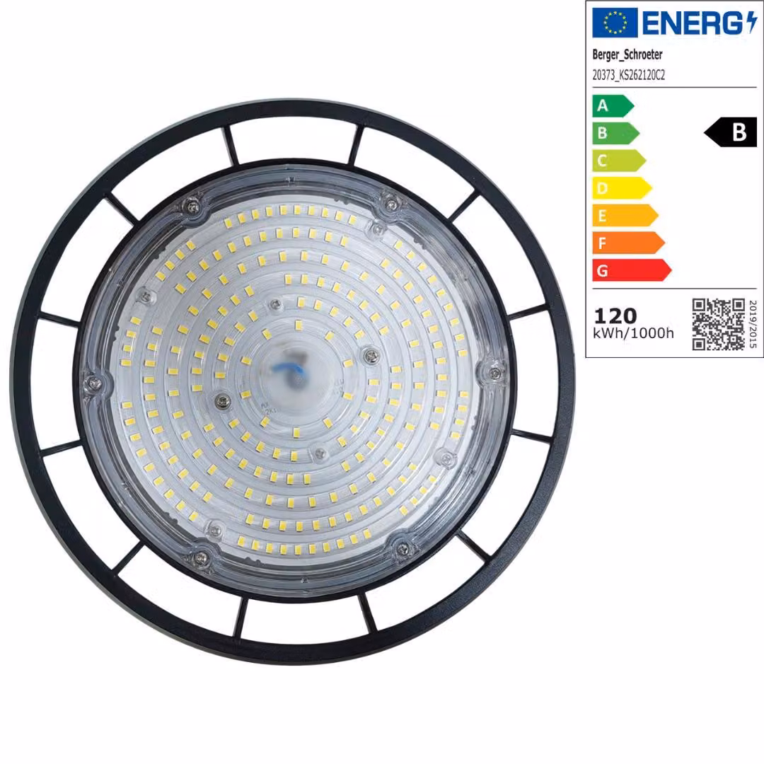 Berger & Schröter | Faretto LED UFO High Bay Light Faretto per capannoni 120 W, classe di efficienza energetica B, super luminoso 19200 lumen, plafoniera 6500 K