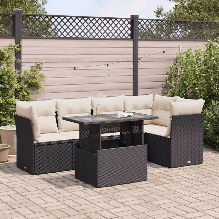 Set Divano da Giardino vidaXL 6 Pezzi a Forma di L con Cuscini e Tavolino, Polyrattan Nero e Struttura in Acciaio