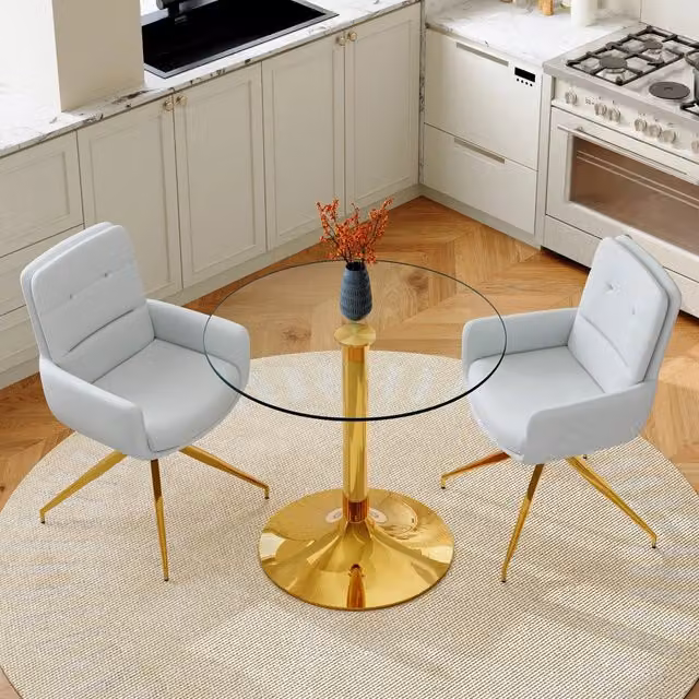 Set tavolo rotondo in vetro Ø85 cm con base metallica e 2 sedie girevoli 360° in PU grigio chiaro