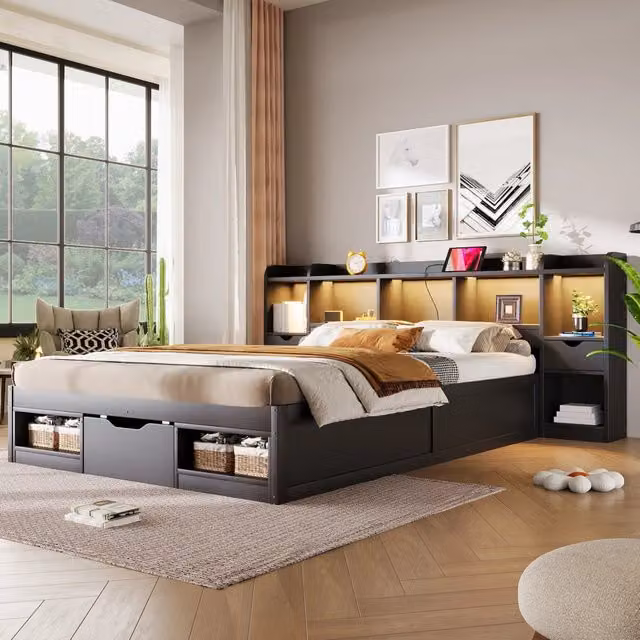 Letto 140x200 cm con vani e cassetti in MDF e compensato nero