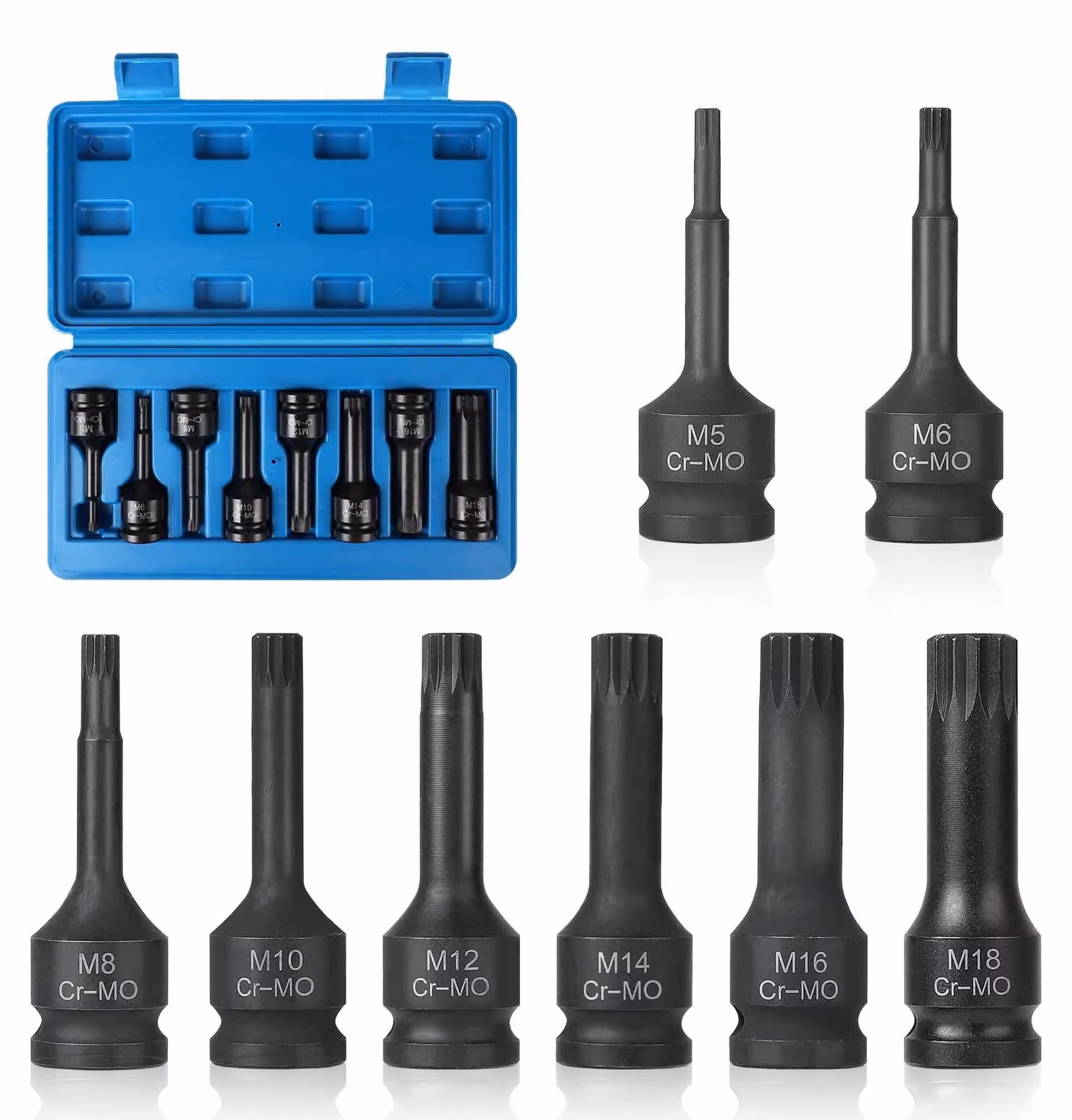 Set di inserti a bussola XZN a 8 punte, 1/2", per viti M5-M18, versione lunga
