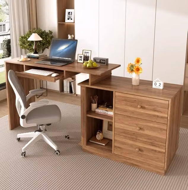 Scrivania multifunzione estensibile MODFU con cassettiera e vani aperti in MDF color noce, Larghezza: 110 cm – 1