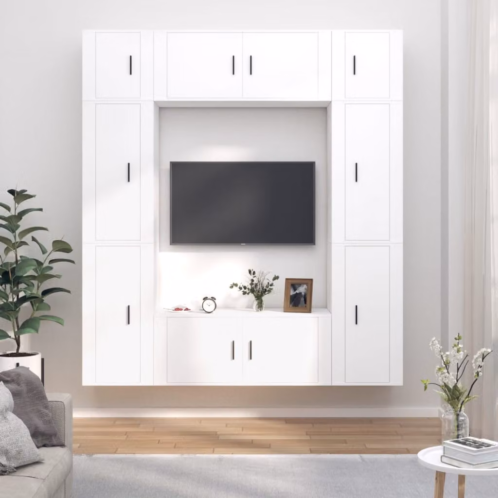 Set di mobili porta TV da soggiorno vidaXL in legno multistrato bianco, modello classico a parete, 8 pezzi