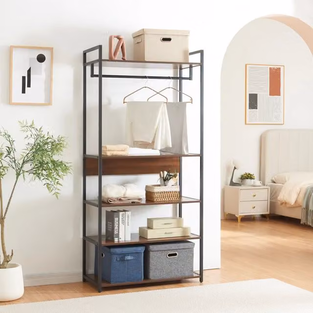 Organizzatore Guardaroba Larem en.casa con Ripiani e Appendiabiti in Metallo e MDF - Nero e Noce