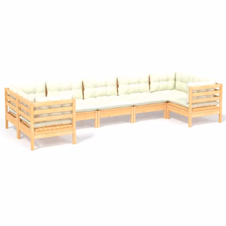 Set Salotto da Giardino 7pz con Cuscini Crema in Legno di Pino