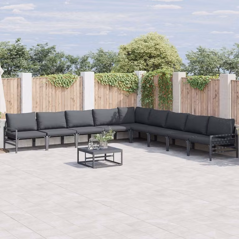 Set Divano da Giardino vidaXL 10 Pezzi a Forma di L con Tavolino, Struttura in Acciaio Antracite e Cuscini Imbottiti Neri