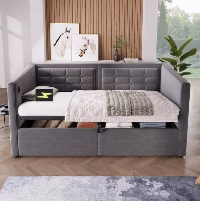 Divano letto con contenitore idraulico 90x200 cm in velluto grigio; con porta USB e Type-C