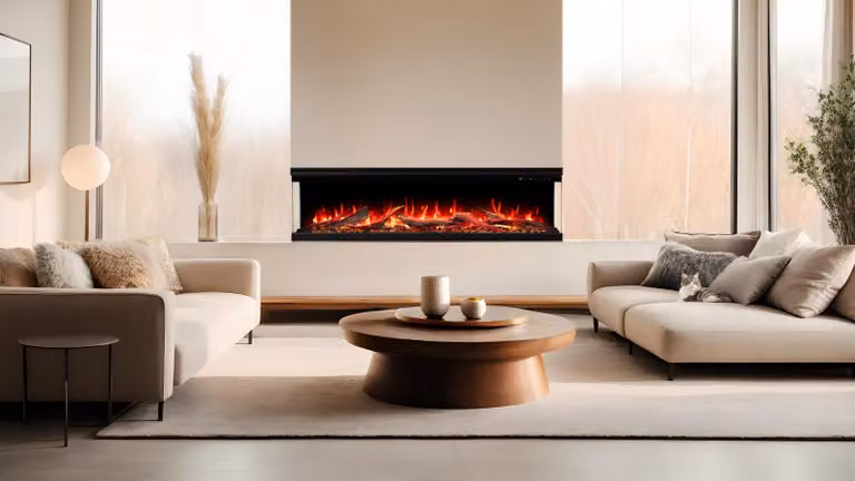 Camino elettrico a tre lati AFLAMO Unique 140 PRO – effetto fiamma premium – da appendere a parete e da incasso – 140x39x20 cm – camino a LED con riscaldamento 750/1500 W