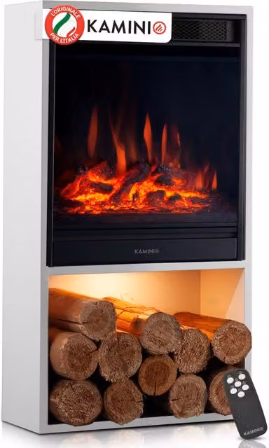 KAMINIO Camino elettrico HUGO - Stufa elettrica con riscaldamento, effetto fiamma 3D, luce ambiente a LED, scomparto de legno, telecomando - Bianco