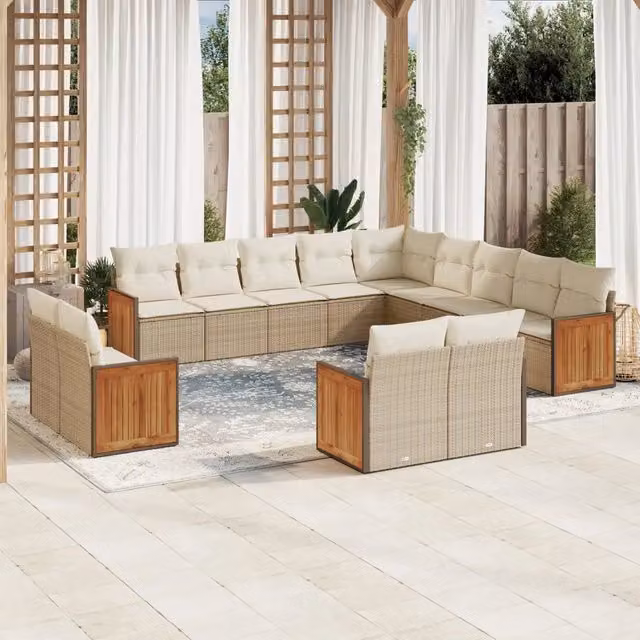 Set Divano da Giardino a Forma di U vidaXL in Polyrattan e Legno di Acacia con Cuscini Beige e Rivestimenti Rimovibili