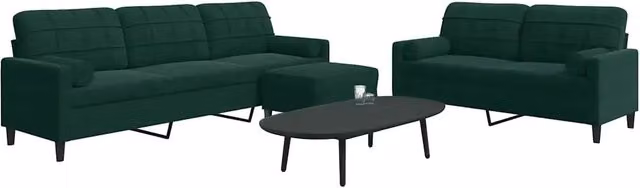 Set di divani moderno vidaXL in velluto verde con pouf e cuscini, composto da divano a 3 posti, divano a 2 posti e pouf con struttura in metallo