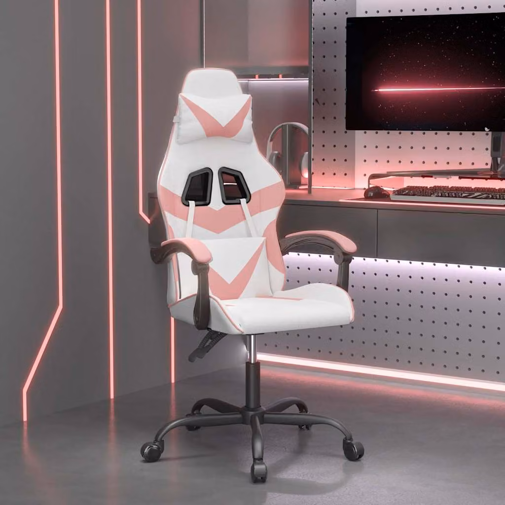 Sedia da Gaming vidaXL Bianco e Rosa in Similpelle con Poggiatesta e Braccioli