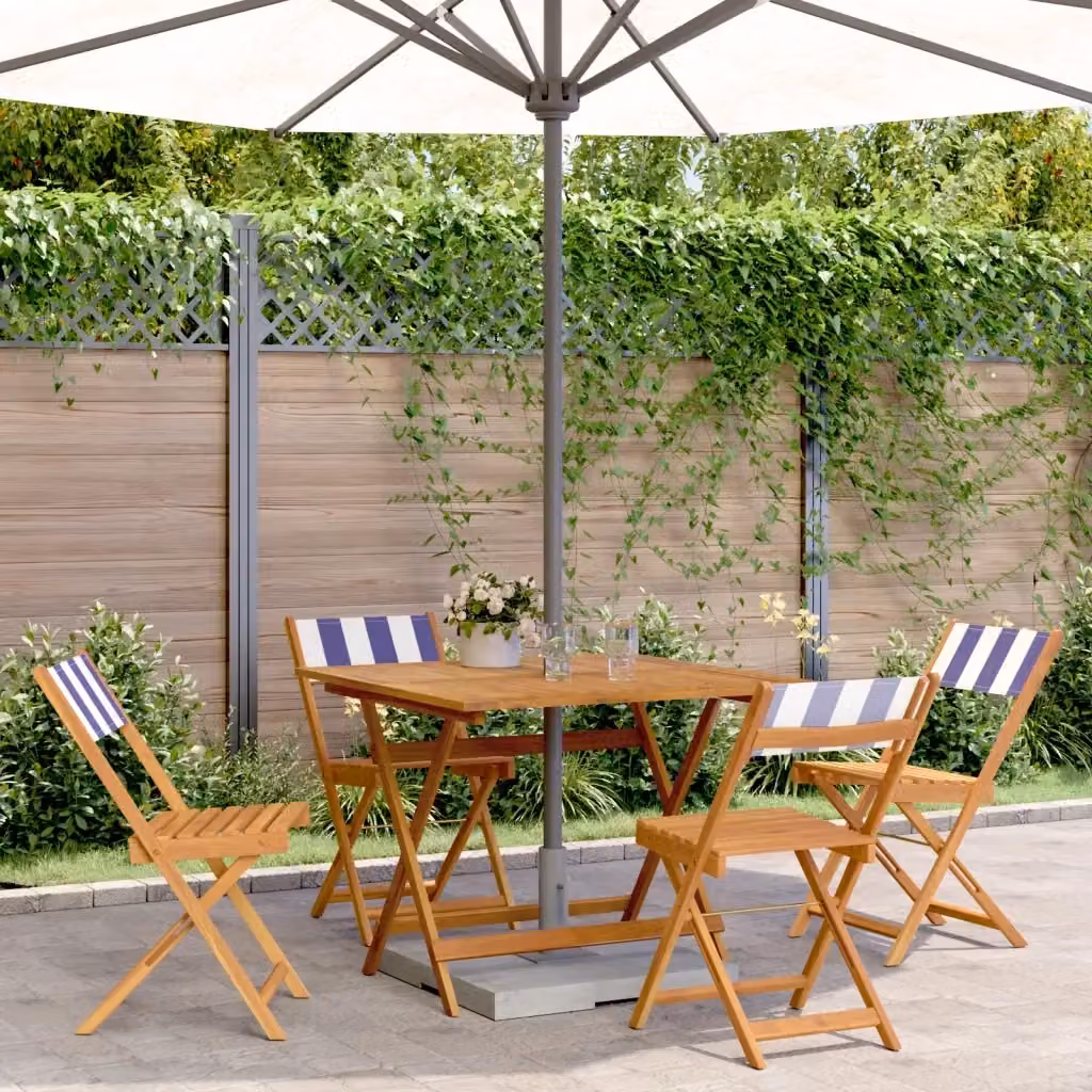 Set Pranzo da Giardino 5 Pezzi in Legno di Acacia con Tessuto a Righe Blu e Bianco – 2