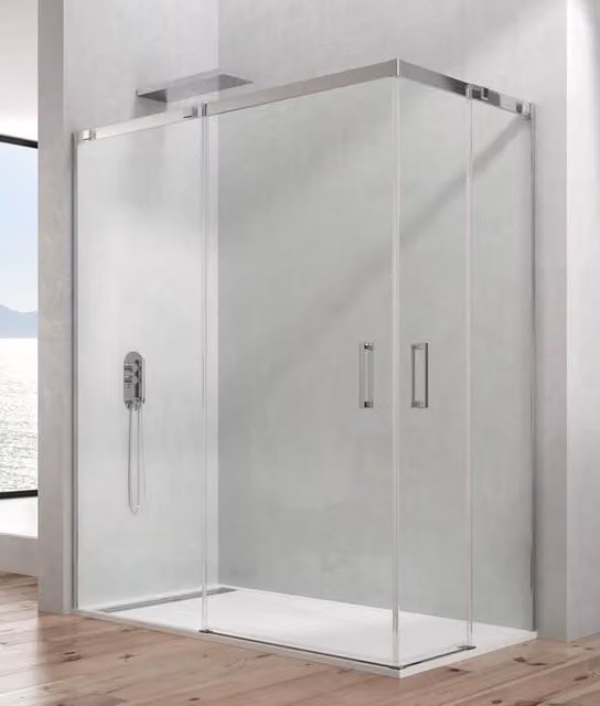 Box doccia angolare TEMPLE 2 con 2 elementi fissi e 2 scorrevoli in vetro trasparente e acciaio inox lucido L/P: 90 x 70 cm