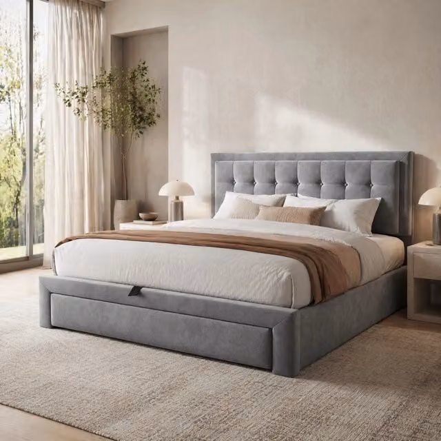 Letto 140x200 cm con contenitore, cassetti in rete metallica e testiera regolabile in velluto grigio