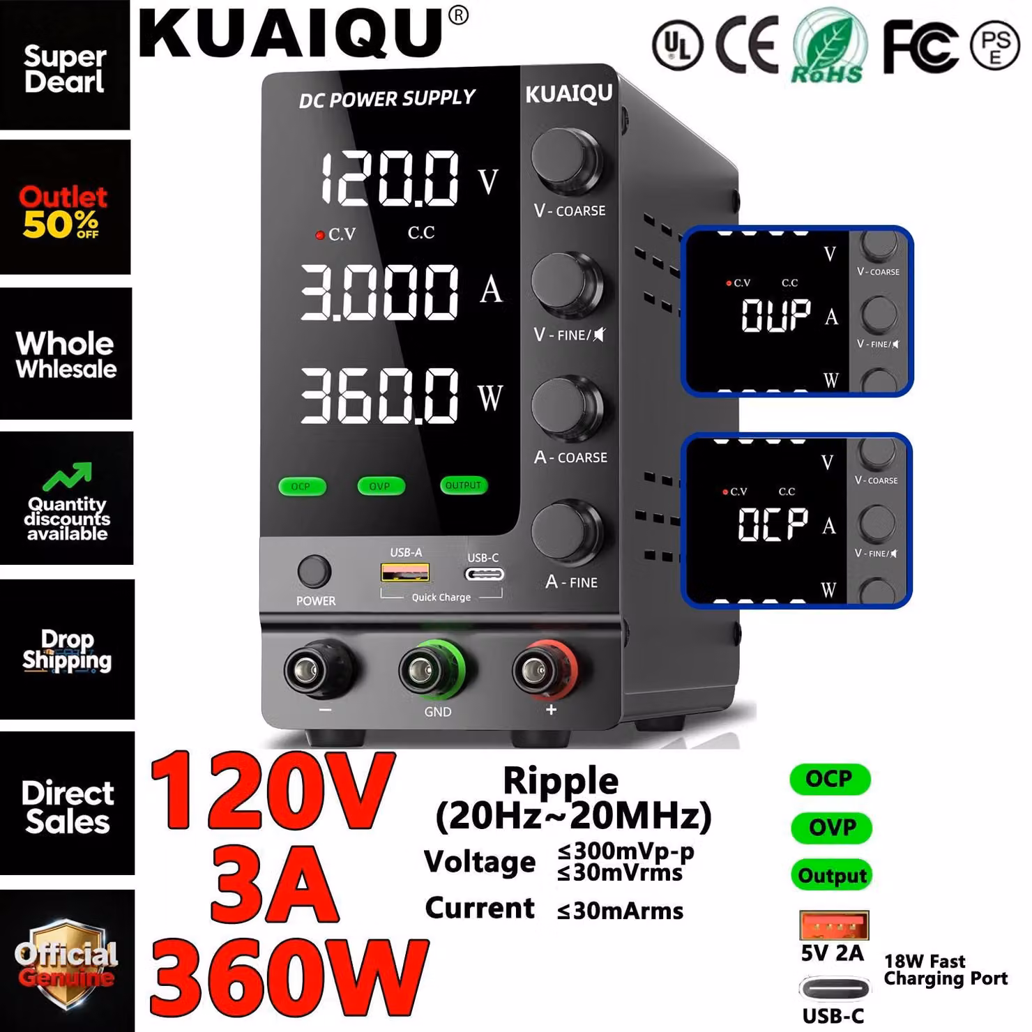 Alimentatore da laboratorio AC-DC - Alimentatore a commutazione regolabile - 120V 3A 360W DC - Tensione di uscita regolata - Tensione e corrente finemente regolabili - Versione aggiornata da 220V