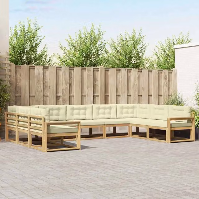 Set di divani da esterno a L vidaXL in legno di acacia con cuscini Bianco e Beige – 1
