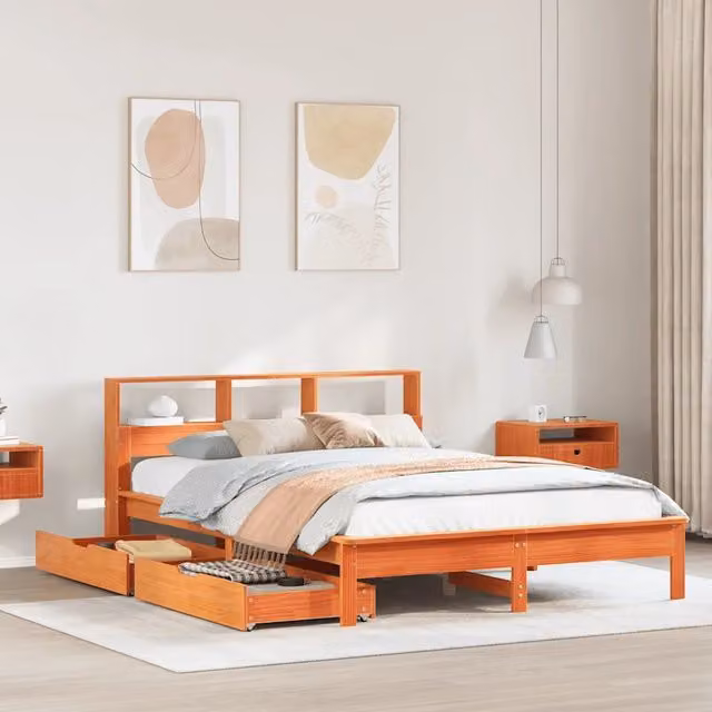 Letto Libreria senza Materasso-Struttura Letto con contenitore Marrone Cera 120x200 cm in Pino 747479