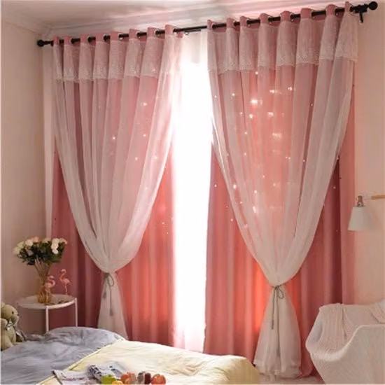 Tendina oscurante a doppia struttura con disegno a stelle laser tagliato, stile principessa per camera da letto, Rosa, L: 132 cm, H: 240 cm
