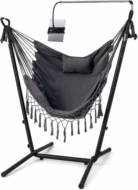 Poltrona Sospesa con Supporto Regolabile in Altezza, Sedia Amaca in Cotone con Porta Telefono e Tasca Laterale per Interno e Giardino, Grigio