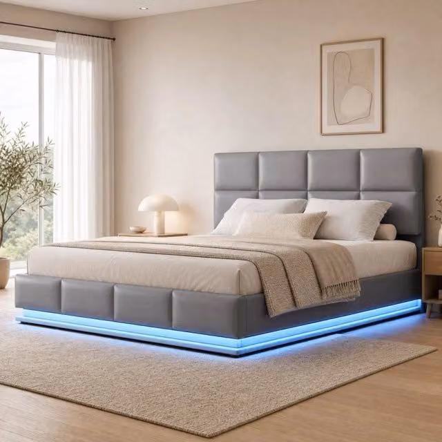 Letto contenitore Mivray con sollevamento idraulico, illuminazione LED e rivestimento in similpelle grigio, L/P/H: 180 x 200 cm