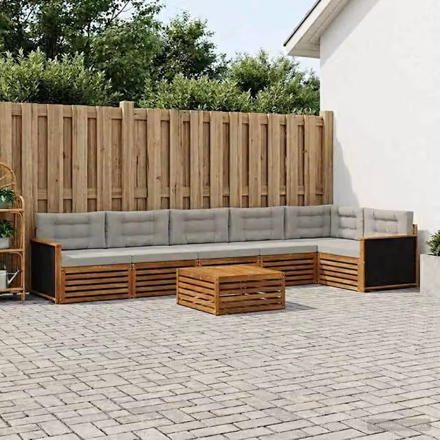 Set di divani da esterno vidaXL composto da 7 pezzi in legno di acacia con cuscini beige e grigi per giardino e terrazza – 1