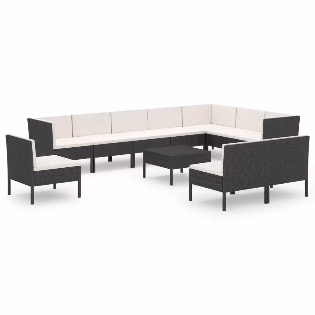 Set di divani da giardino vidaXL a forma di U composto da 11 pezzi con tavolino da caffè e cuscini, nero e bianco – 2