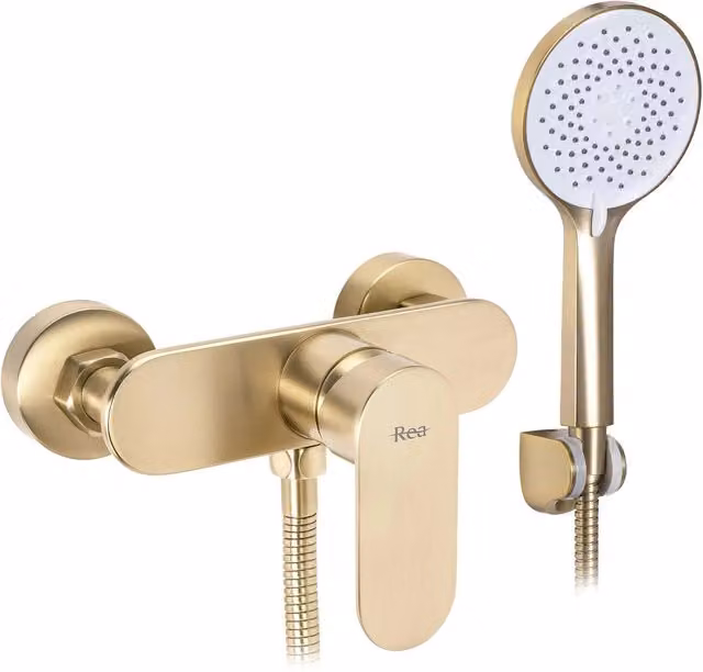 Rubinetto doccia a leva singola Rea Drop con funzione spray in finitura oro spazzolato