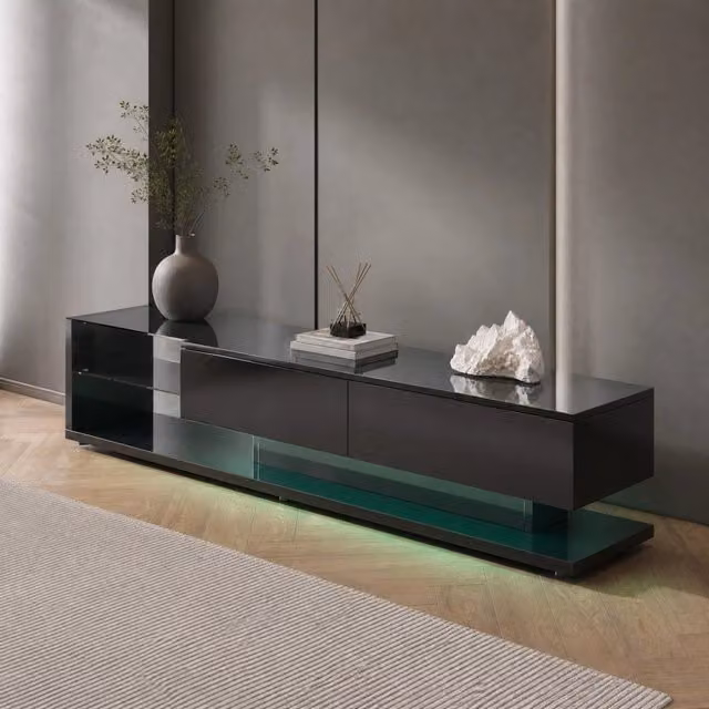 Mobile TV nero lucido con 2 cassetti; 2 ripiani in vetro e LED controllabile via app; 170 x 36 x 38 cm