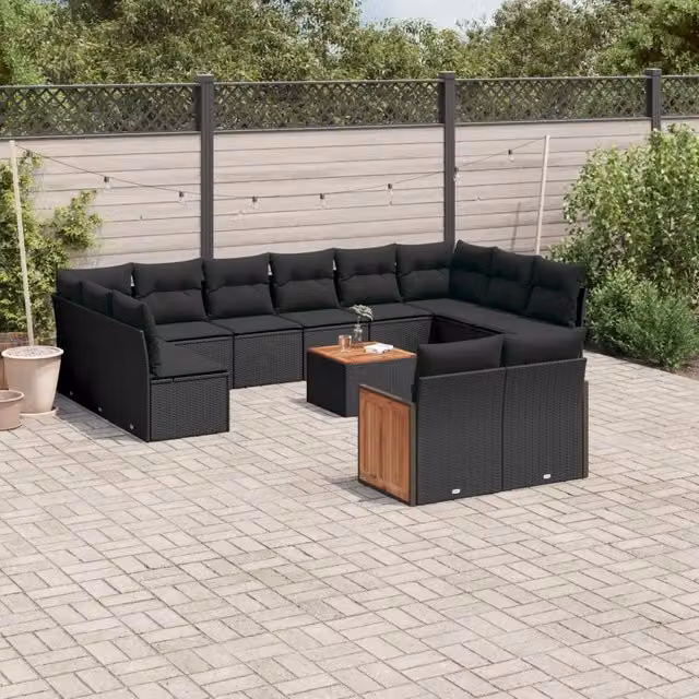 Set Divani da Giardino vidaXL a Forma a U in Polyrattan Nero con Cuscini e Tavolino da Caffè – 1