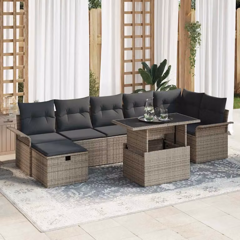 Set Divano da Giardino vidaXL 8 Pezzi a Forma di L in Polyrattan Grigio con Cuscini e Tavolino