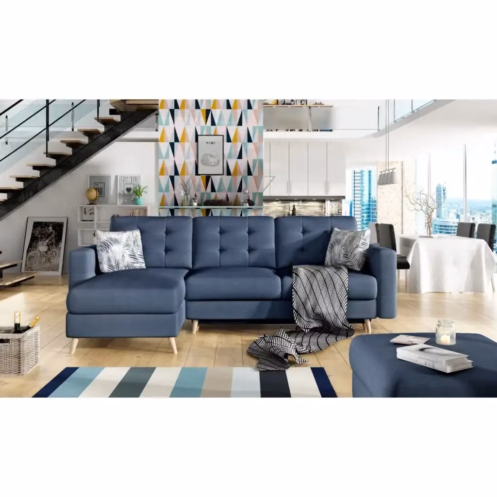 Divano ad angolo convertibile MEUBLORAMA HASGARD 3 posti blu, modello reversibile con funzione letto e contenitore, struttura in legno massello e rivestimento in tessuto, L/P/H: 248 x 162 x 93 cm – 2