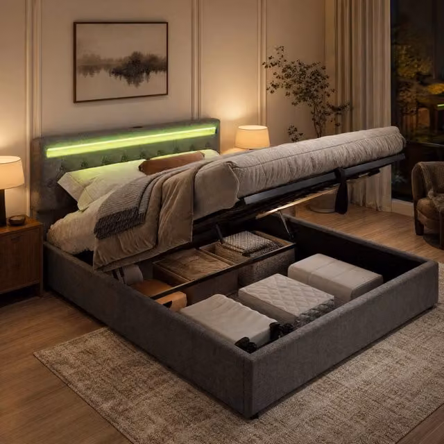 Letto contenitore Mivray imbottito in tessuto grigio con sollevamento idraulico, illuminazione LED e porte di ricarica USB, L/P: 160 x 200 cm – 1