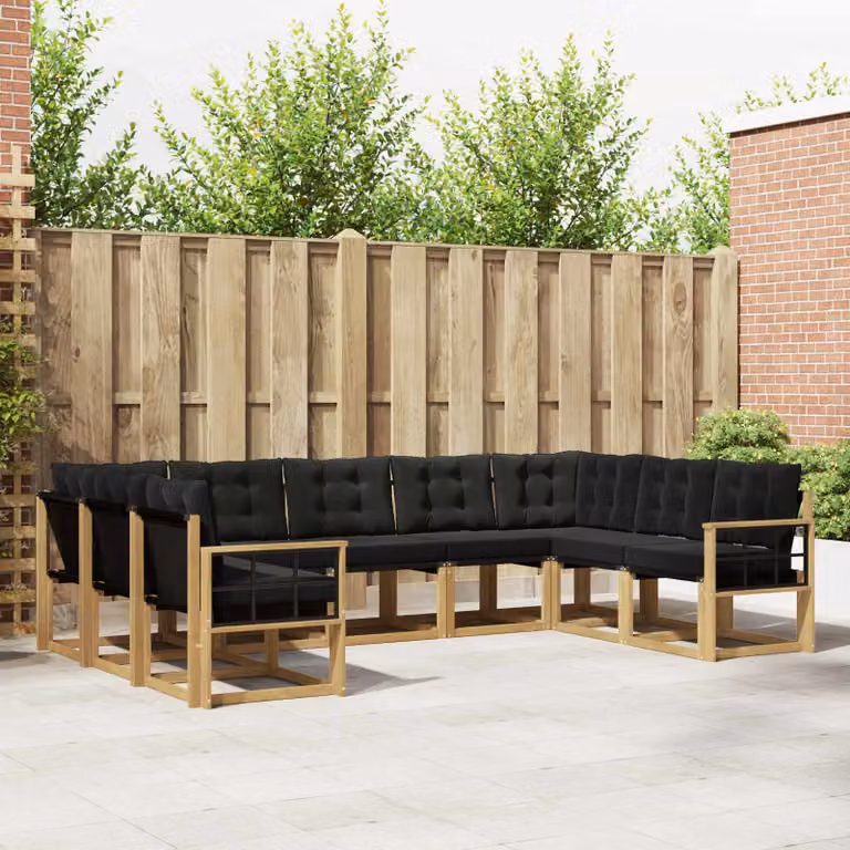 Set di divani da esterno vidaXL a forma di U composto da 9 pezzi in legno di acacia con cuscini bianchi e neri per giardino e terrazza