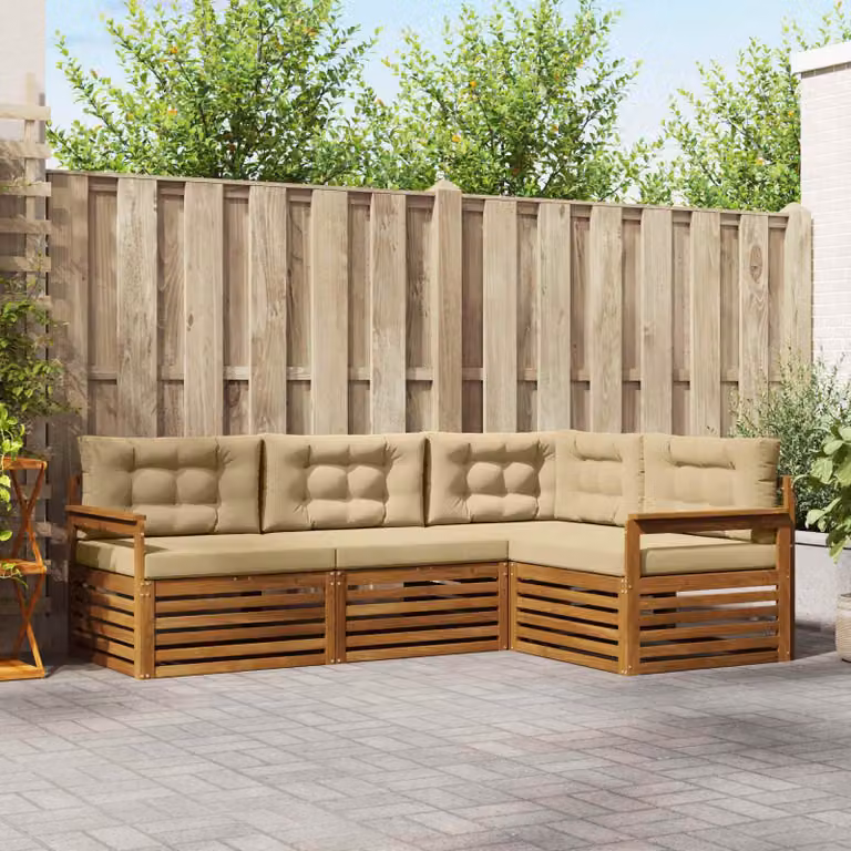 Set di divani da esterno vidaXL 4 pz a forma di L in legno di acacia con cuscini beige e marrone