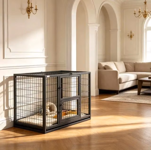 Gabbia per cani in acciaio con apertura superiore e sportello per l'alimentazione, 94x60x64 cm, colore nero