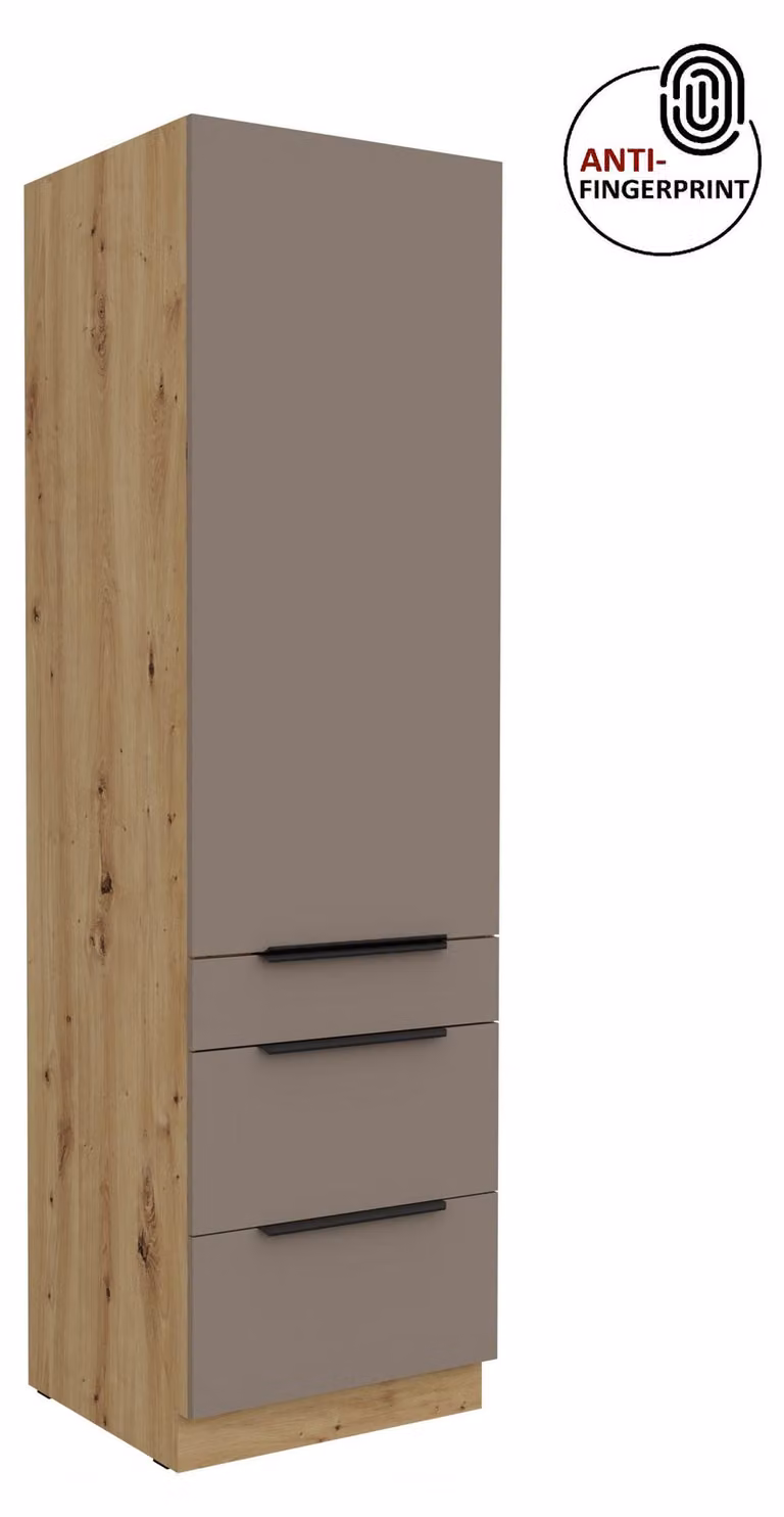 Armadio alto da cucina 60 cm, cucina ARIA grigio sabbia ultra opaco + rovere Artisan opaco, frontali di alta qualità con rivestimento anti-impronta, mobile da cucina con chiusura ammortizzata