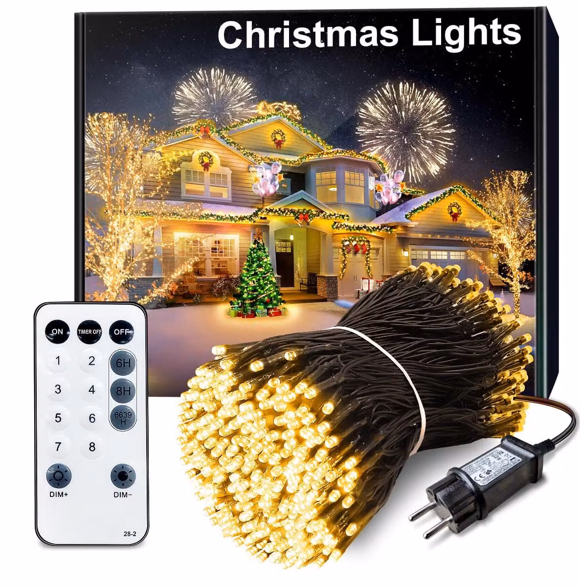 Catena luminosa a LED, 30 metri, 300 LED bianco caldo, 8 modalità, impermeabile