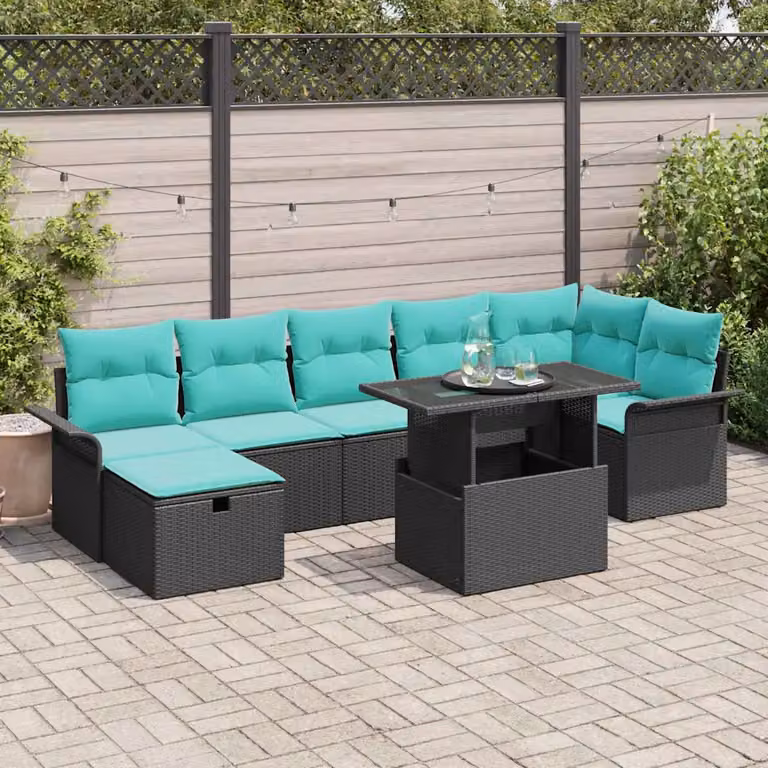 Set Divano da Giardino L-Shape vidaXL 8 Pezzi con Tavolino e Cuscini, Colore Nero e Turchese, Struttura in Acciaio e Polyrattan