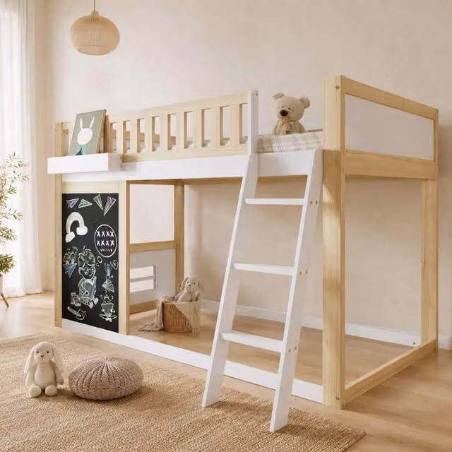 Letto a castello per bambini in pino e MDF bianco con lavagna e contenitore, L/P: 200 x 90 cm