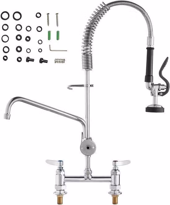 Miscelatore da parete con doccetta integrata – altezza 66 cm, diametro centrale 20,3 cm, portata girevole 30,5 cm – realizzato in ottone – adatto per lavabi singoli, doppi o tripli – con sistema di montaggio a parete – dotato di doccetta estraibile