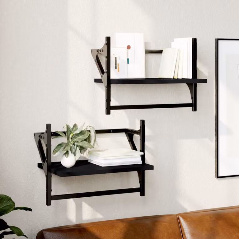 vidaXL Set di 2 Mensole da Parete con Aste in Metallo e Legno, Colore Nero, L 40 x P 25 x H 30 cm