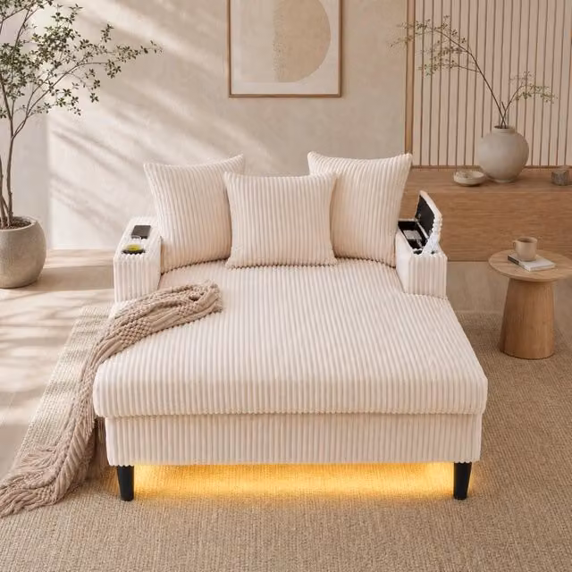 Chaise longue 129x170 cm in velluto a coste beige con LED; porta USB e vano contenitore HOMVRA
