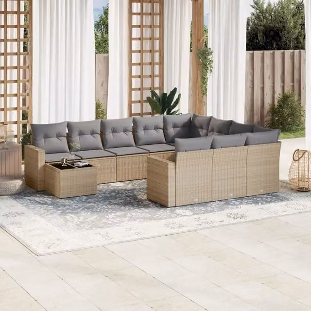 Set di divani da giardino VIDAXL in polyrattan con cuscini beige, 11 pezzi, design moderno a L