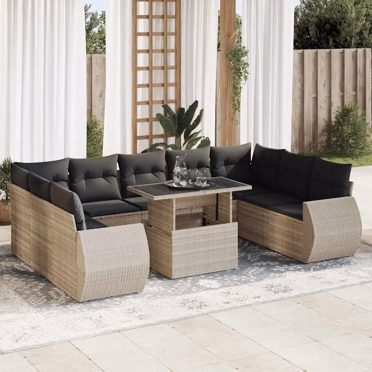 Set Divano da Giardino vidaXL 10 Pezzi a Forma di L con Tavolino e Cuscini Grigio Chiaro in Polyrattan e Metallo