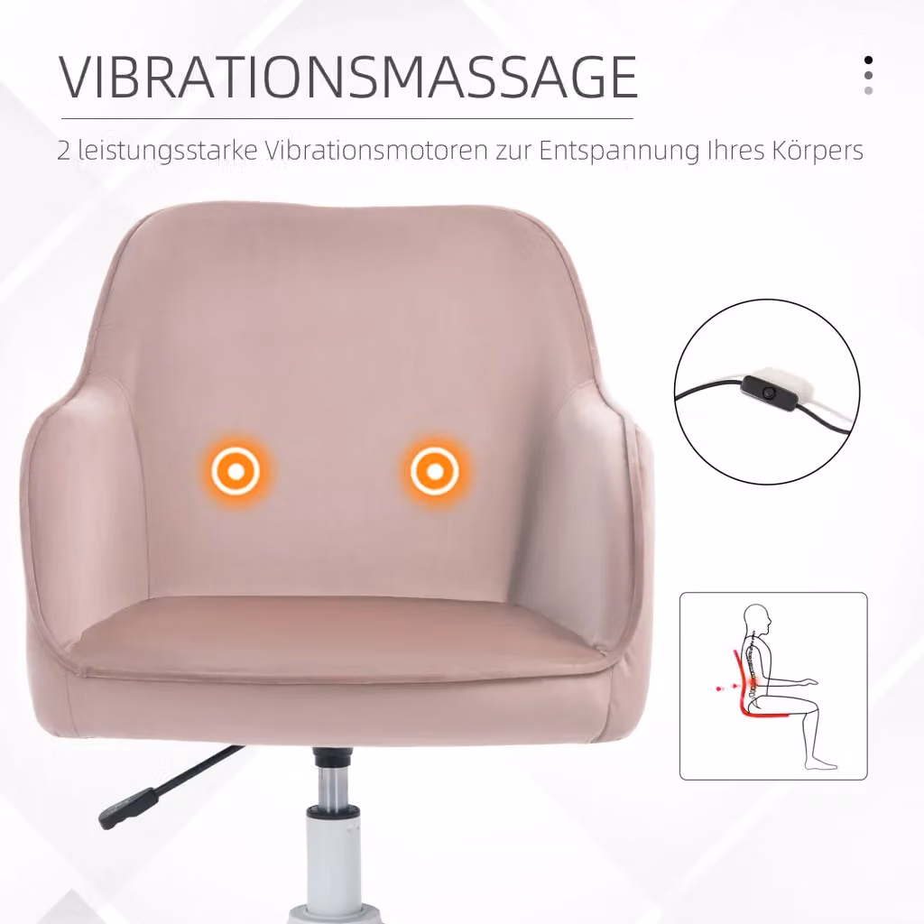 Sedia da ufficio ergonomica OKWISH in velluto rosa con massaggio lombare, rotazione a 360 gradi, altezza regolabile e porta USB, L: 57 cm, P: 70 cm, H: 78-86 cm – 2